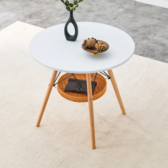 WUVRIE Ronde eettafel Ø 80 cm - MDF blad met geweven opbergmand - Wit/hout