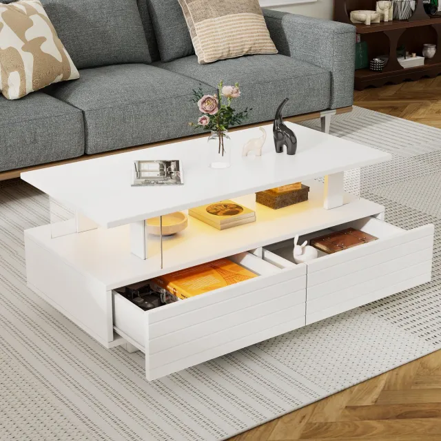 MODENUIT Salontafel - LED-Verlichting En 2 Schuiflades - Voor Woonkamer En Feestruimte - Acryl Wit - 100x50x42 Cm