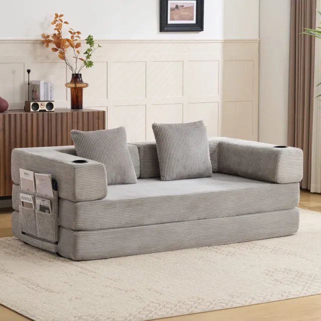 MODENUIT Slaapbank 185 x 92,5 cm - Opvouwbaar Bekerhouders En Zijvakken - Woonkamer - Ribfluweel Lichtgrijs