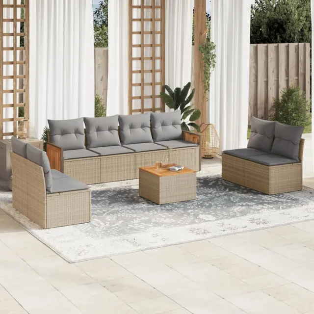 vidaXL 9-delige Loungeset met kussens poly rattan beige, foto 2