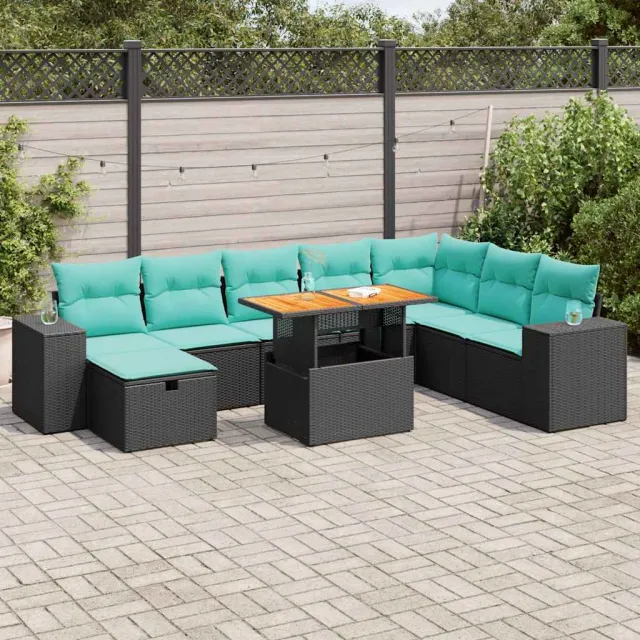 vidaXL 9-delige Loungeset met kussens poly rattan acacia zwart, foto 2