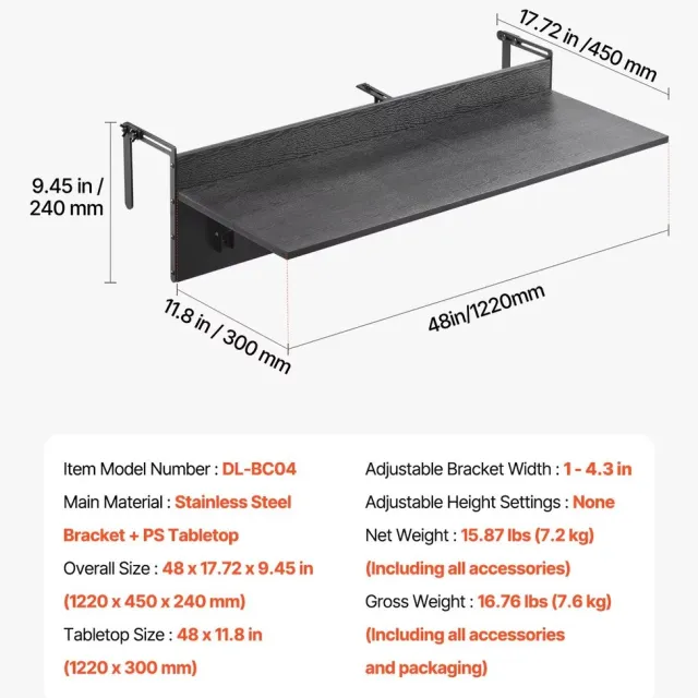 CreateEcom balkontafel - balkontafel hangend - terras tafel - balkontafel voor leuning - geschikt voor verschillende regelingen - 122 x 45 x 24 cm - zwart