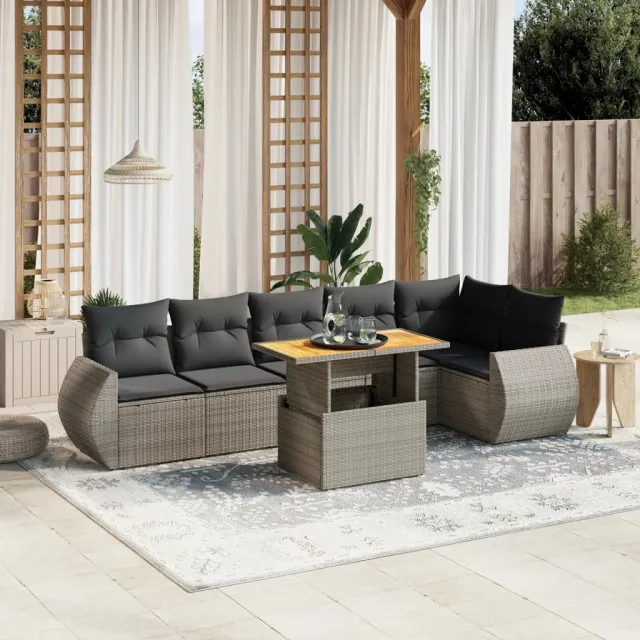 vidaXL 7-delige Loungeset met kussens poly rattan grijs, foto 2