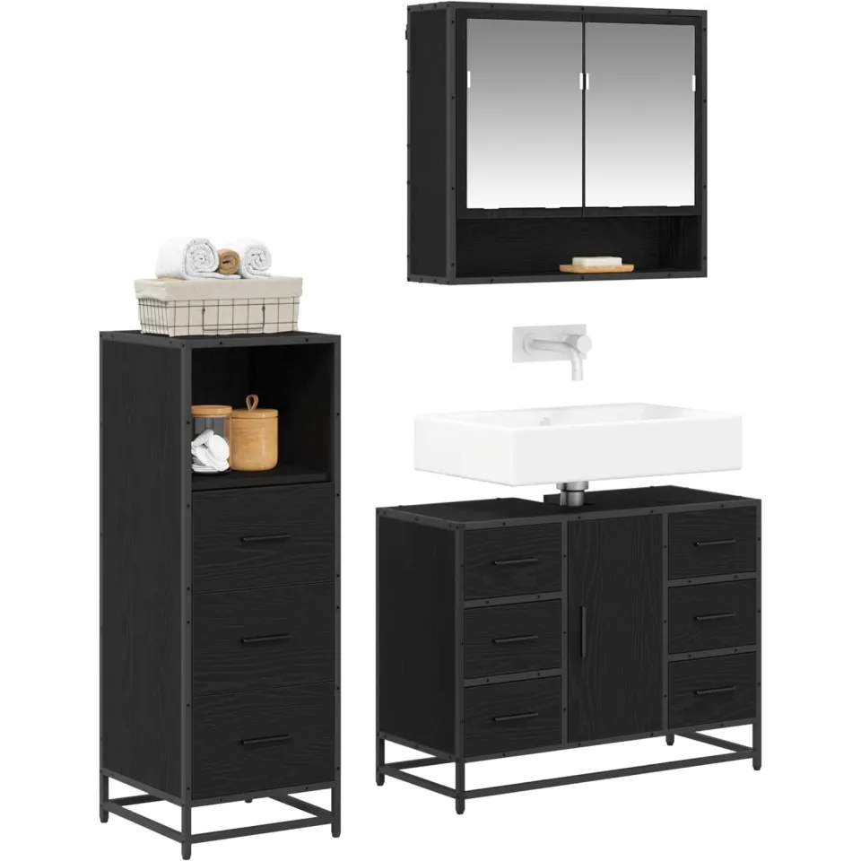 vidaXL Badkamermeubelset 3 st Zwart Eiken 80 x 33 x 60 cm Bewerkt hout