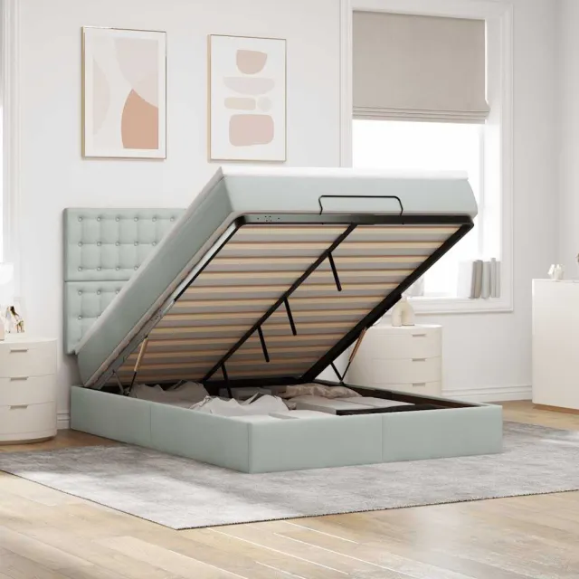 vidaXL Ottoman bed met matrassen en LED's 140x190cm fluweel lichtgrijs grijs