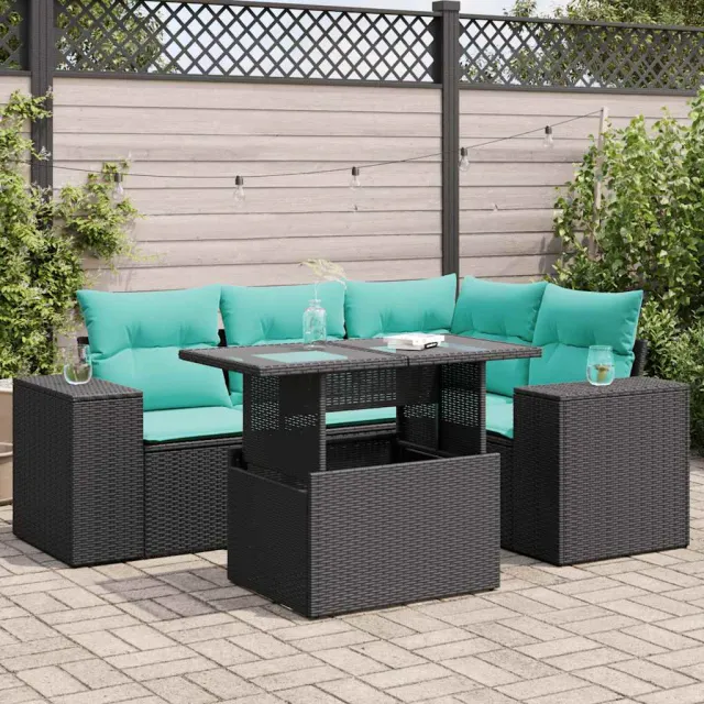 vidaXL 5-delige Loungeset met kussens poly rattan acacia zwart, foto 2