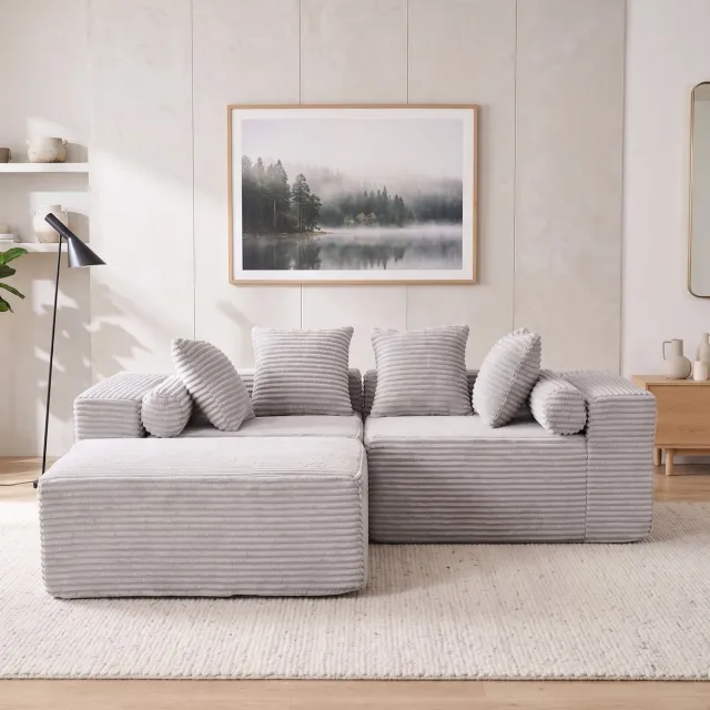 DESMIU Hoekbank 266 x 110 x 60 Cm - Modulaire 3-Zits Met Chaise Longue En Geen Montage Nodig - Voor Woonkamer En Slaapkamer - Chenille Grijs