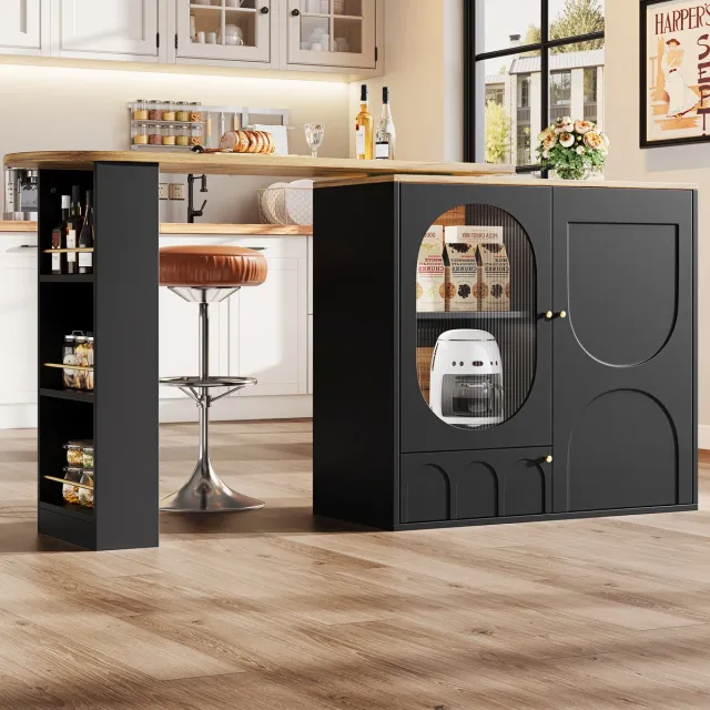 DESMIU Draaibare Barkast Met Opbergruimte En Uitschuifbaar Zijblad Voor Keuken Woonkamer En Werkkamer MDF Metaal Zwart 138x39x105 Cm