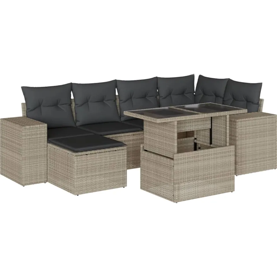 vidaXL 7-delige Loungeset met kussens poly rattan lichtgrijs grijs