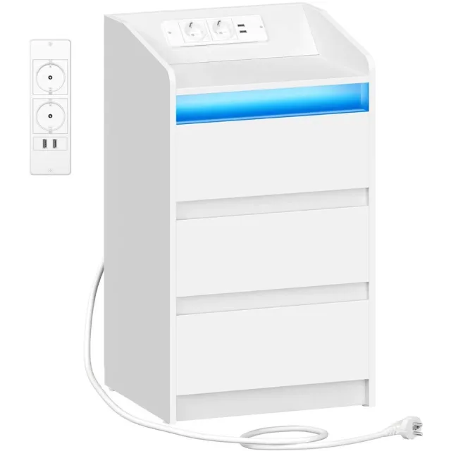 Venzor Nachtkastje met 3 Lades – 35 x 40 x 68 cm - Oplaadstation met 2 AC‑Stopcontacten & 2 USB‑Poorten – LED‑Verlichting – Wit - Industrieel Bedkastje met Opbergvakken