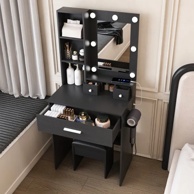 Zubaliya Kaptafel met LED-spiegel, kruk en stopcontact - zwart - 60 x 38 x 131,5 cm