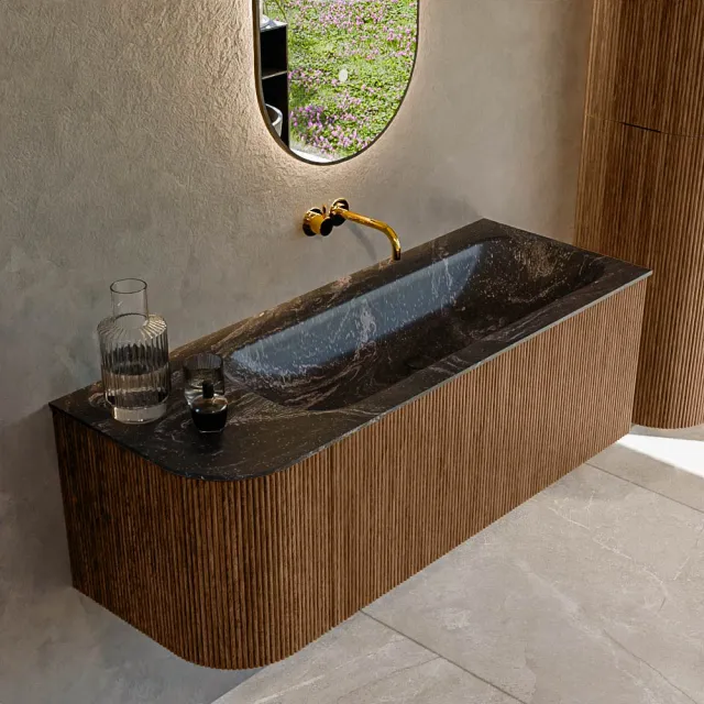Mondiaz KURVE-DLUX 125 cm Onderkast Greeploos 1 Lade Met Deuren Walnut, Wastafel Solid Surface Rechts Lava 1 Kraangat Zonder Spiegel (KRVBGM125L1L1D1KR-Wal/Lav)
