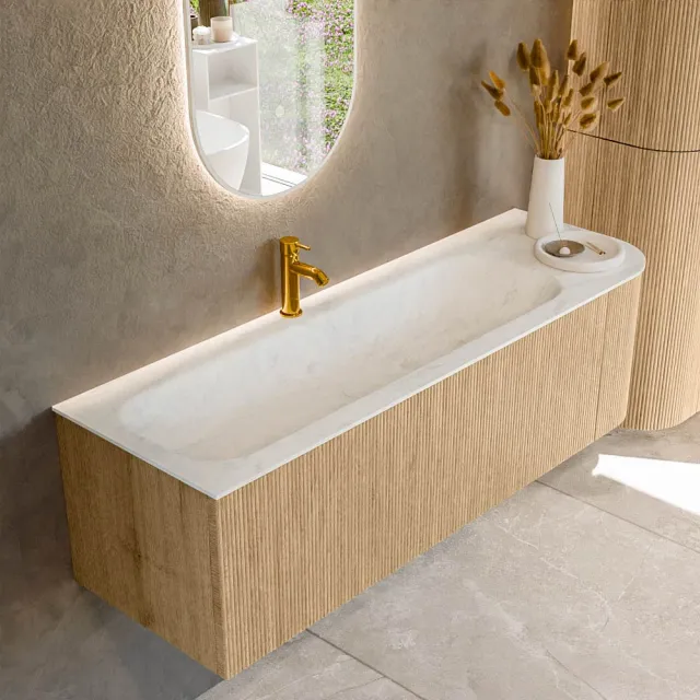 Mondiaz KURVE-DLUX 145 cm Onderkast Greeploos 1 Lade Met Deuren Oak, Wastafel Solid Surface Links Opalo 1 Kraangat Zonder Spiegel (KRVBGL145R1L1D1KL-Oak/Opa)