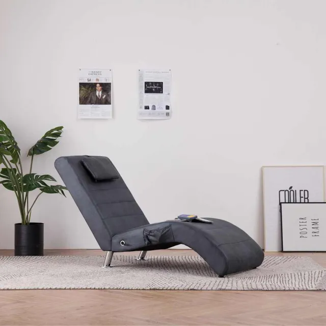 vidaXL Massage chaise longue met kussen kunstsuède grijs, foto 2