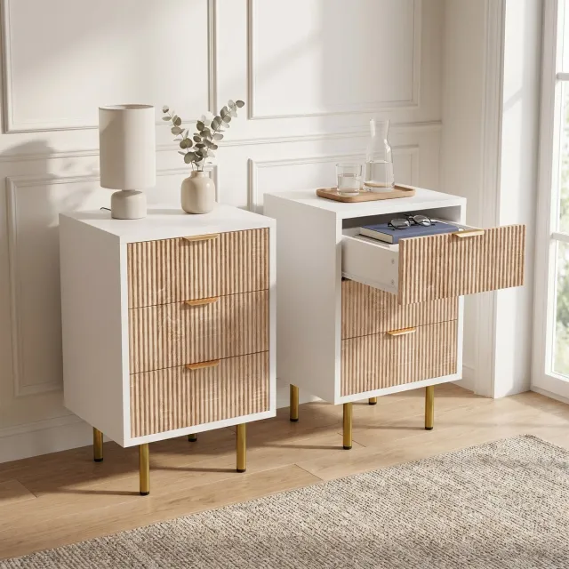 Mofor Set van 2 Nachtkastjes - 40x40x65cm - met 3 lades - geribbelde fronten - hout en metaal - modern - Wit Houtkleur