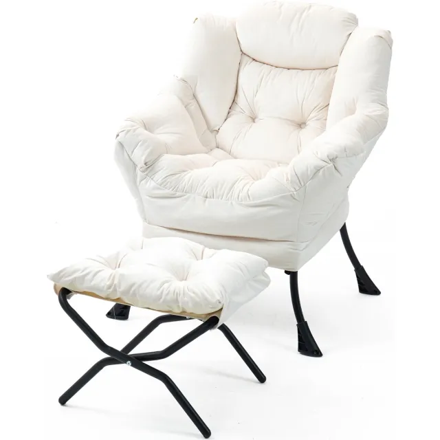 HAUSS SPOLE Fauteuil - Relaxstoel Met Inklapbare Hocker En Zijvak - Voor Woonkamer, Slaapkamer En Balkon - Fluweel En Metaal - Crèmewit Off White