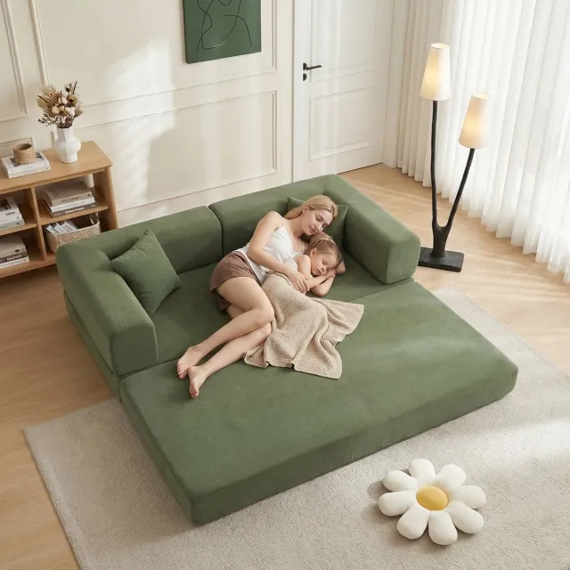 OKWISH Slaapbank - 3-Zits Vloersofa Met Slaapfunctie - Verplaatsbare Armleuningen En Kussens - Voor Woonkamer Of Studio - Ribfluweel - Groen