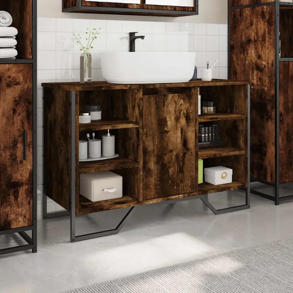 vidaXL Wastafelkast 91x35x60 cm bewerkt hout gerookt eikenkleurig, foto 2