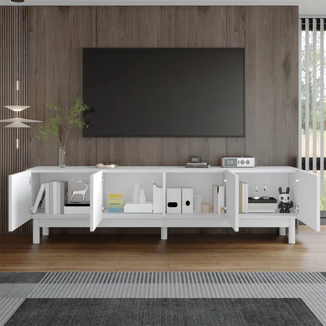HAUSS SPOLE TV-Meubel - Greeploos Met Golfvormige Deuren En Opbergruimte - Met Witte Poten En 60kg Draagkracht - MDF/Spaanplaat - 169x34x45,5 cm - Wit
