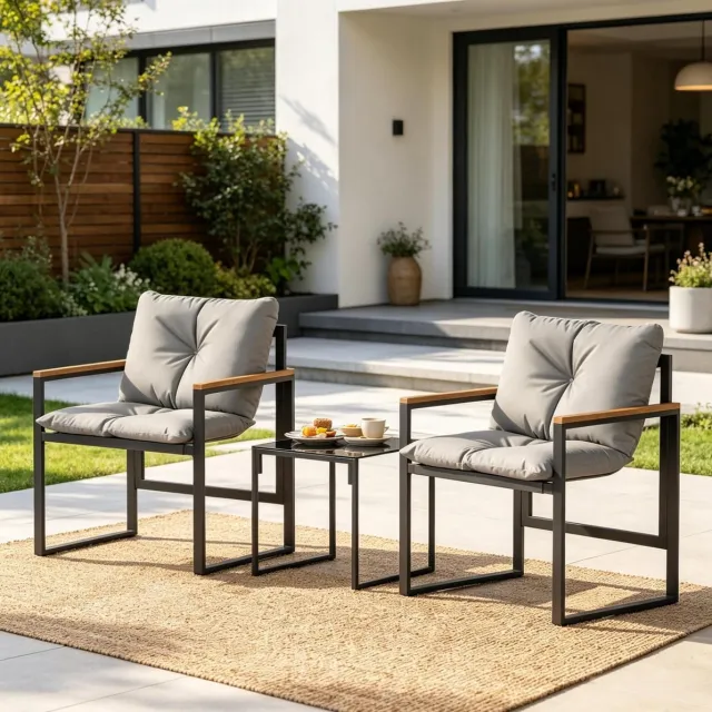 REDOM Loungeset - 2 stoelen en tafel - Verstelbare glijders - Met kussens - Metaal en textilene - Zwart en grijs - 64 x 62 x 68 cm