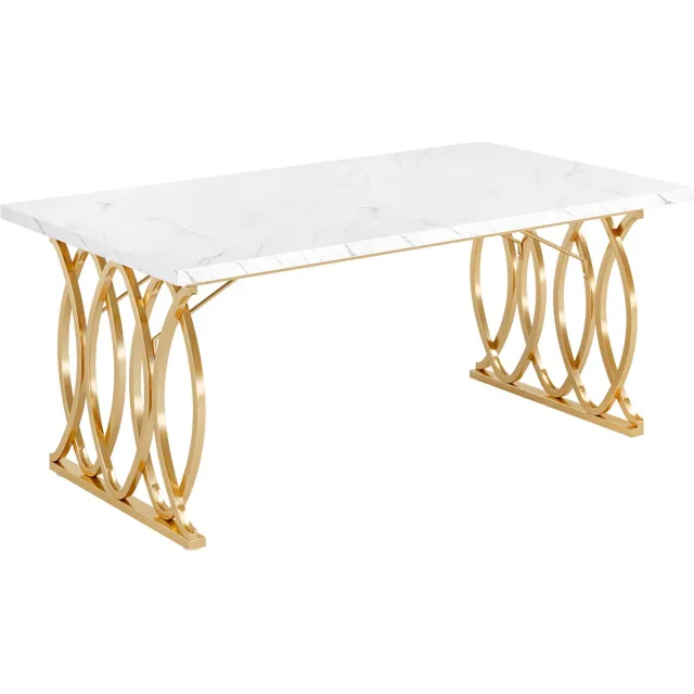 DMG Supply Eettafel - Rechthoekige Eetkamertafel voor 4-6 Personen - Wit Marmerlook Blad - Goudkleurig Onderstel - 160 x 80 x 75 cm