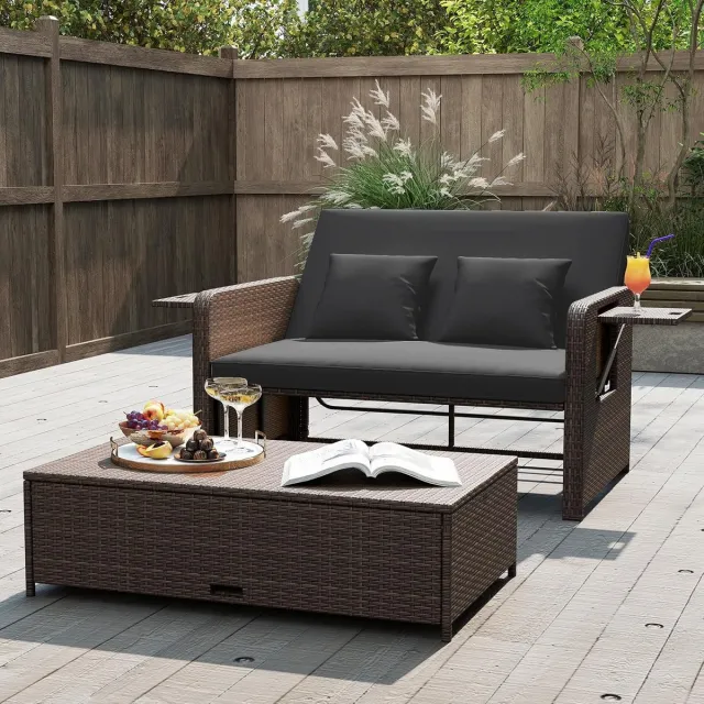 Laura 3-in-1 Rotan Loungeset Ligstoel 166x166x55 cm met Verstelbare Rugleuning, Opbergruimte & Kussens – Tuinbank Bed Balkonset – Bruin Gemêleerd Zwart – Laura