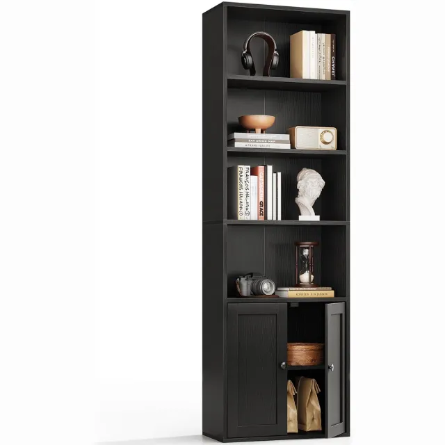 Famanu 6-laags boekenkast met deuren en kastje, vloerstaand boekenrek voor presentatie en opslag, zwart, 48 x 24 x 176,4 cm