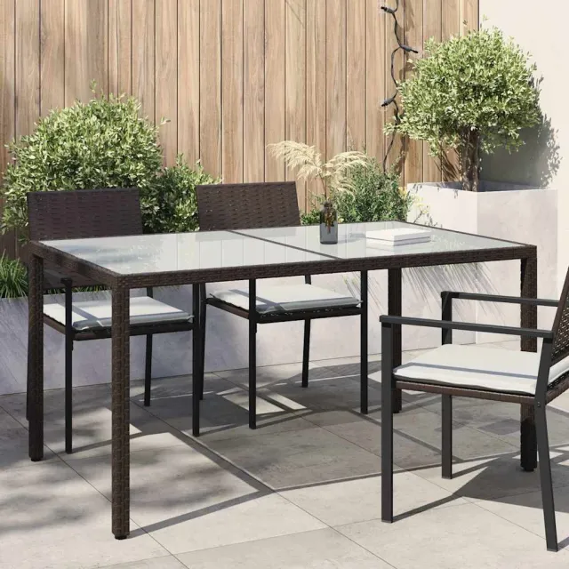 vidaXL Tuintafel 150x90x75 cm gehard glas en poly rattan bruin, foto 2