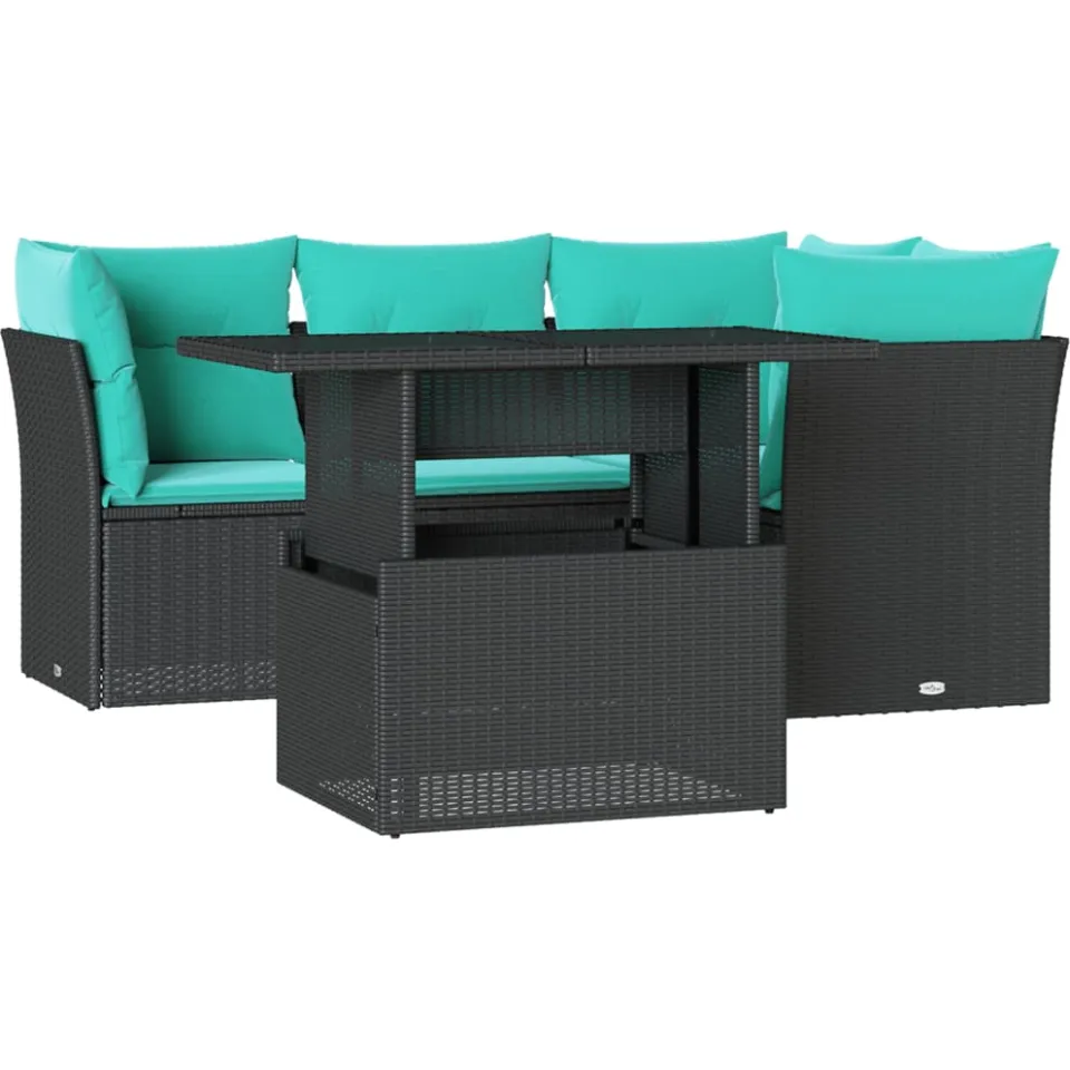 vidaXL 5-delige tuinbankset met kussens van zwart polyrotan, foto 3