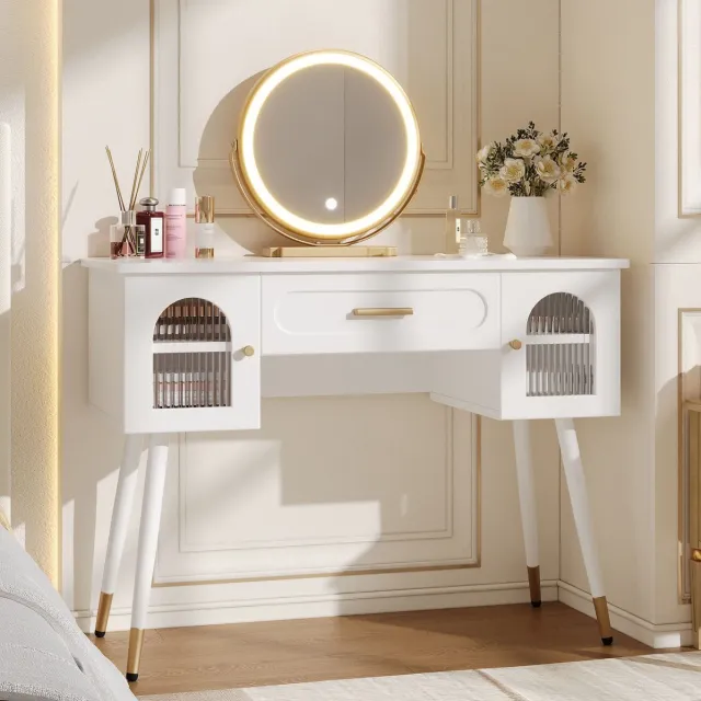 REDOM Kaptafel met LED-spiegel - 1 lade en 2 deuren - Grote opbergruimte - Scandinavische stijl - Slaapkamer of kleedruimte - Spaanplaat - Wit en Goud - 100 x 42 x 112 cm