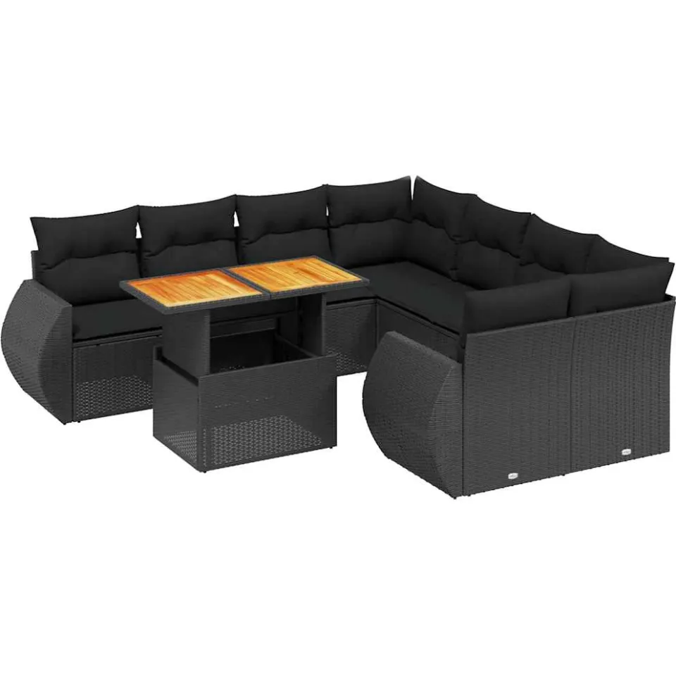 vidaXL 9-delige Loungeset met kussens poly rattan zwart, foto 3