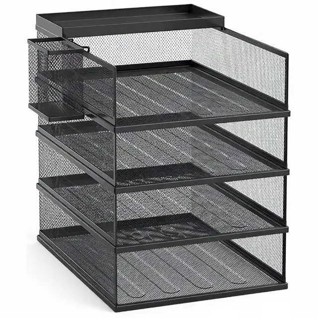 Happiq Bureau Organizer - Voor A4 Papier en Documenten - 5-Laags - Metalen Draadgaas - Zwart