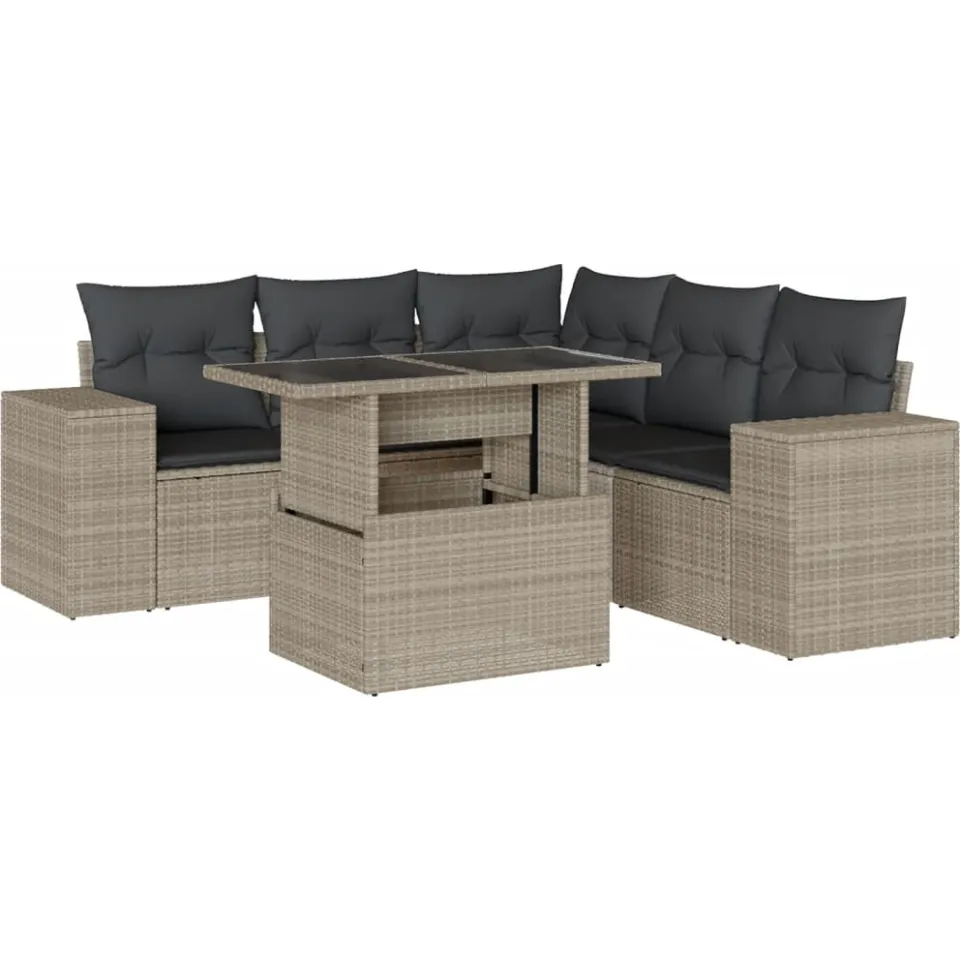 vidaXL 6-delige Loungeset met kussens poly rattan lichtgrijs grijs, foto 3