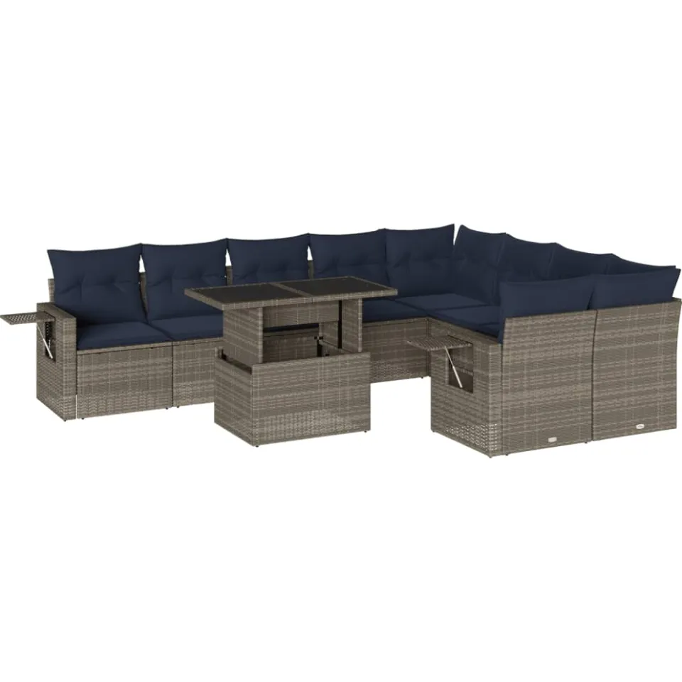 vidaXL 10-delige tuinbankset met kussens, grijs polyrotan, foto 3
