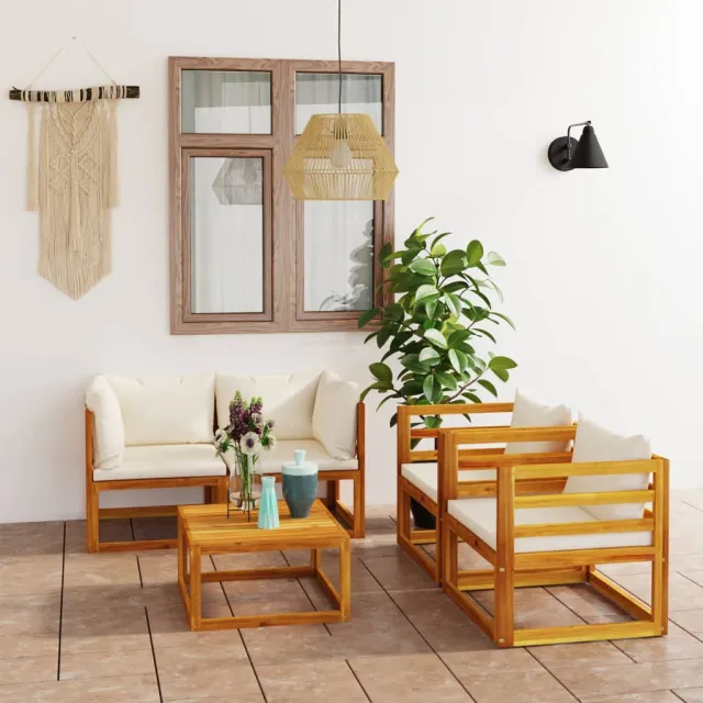 vidaXL 5-delige Loungeset met kussens massief acaciahout crème, foto 2