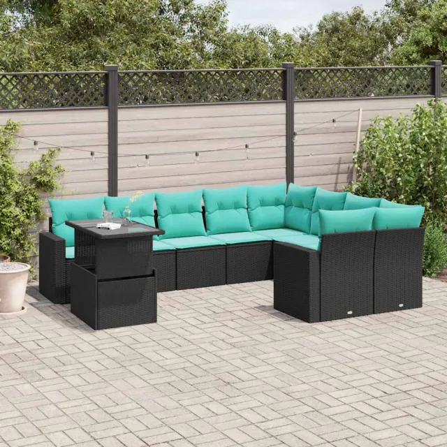 vidaXL 10-delige tuinbankset met kussens van zwart polyrotan, foto 2