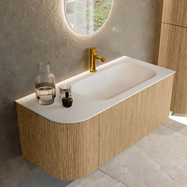 Mondiaz KURVE 105 cm Onderkast Greeploos 1 Lade Met Deuren Oak, Wastafel Solid Surface Rechts Talc 1 Kraangat Zonder Spiegel (KRVBGS105L1L1D1KR-Oak/Tal)