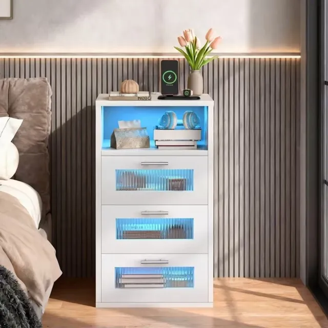 J.T.R Nachtkastje met USB-oplaadfunctie- LED-verlichting, wit-3 lades.