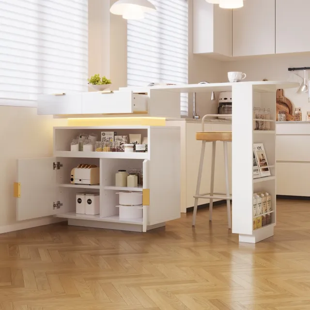 Wishdor Uitschuifbare bartafel - Draaibaar ontwerp - Met opbergruimte en led-verlichting - Modern - Eetkamer - Houtlook en metaal - Wit - 115-183 x 40 x 99,5 cm