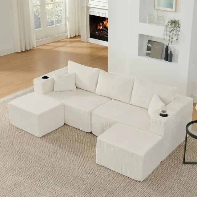 MODFU Modulaire Hoekbank - Verplaatsbare Ottomanen En Bekerhouders - Modern - Voor Woonkamer Of Hotelkamer - Ribstof - Beige - 3-Zits