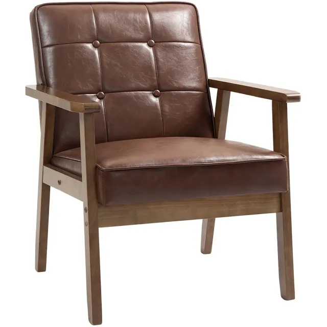 Atlasyx fauteuil - Stoel - Zitstoel - Woonkamer - Gevoerde rugleuning - Houten frame - PU-bekleding - 64 x 73 x 81 cm - Bruin