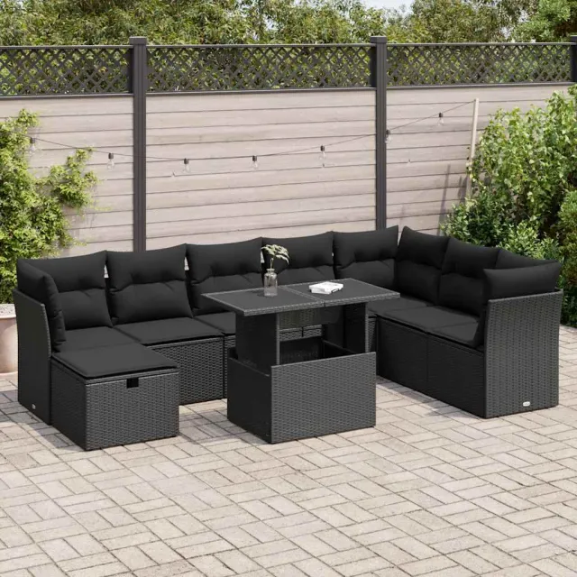 vidaXL 9-delige Loungeset met kussens poly rattan zwart, foto 2