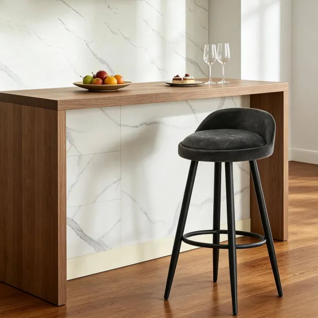 DESMIU Barkruk Met Rugleuning Voor Bar En Keuken - Gepolsterde Zitting En Voetensteun - Voor Keuken Eiland En Bistro - Vintage Kunstleer - Antraciet Anthraciet