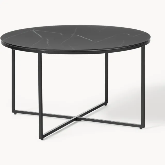 Westwing Collection Ronde salontafel Antigua met glazen tafelblad in marmerlook Zwart
