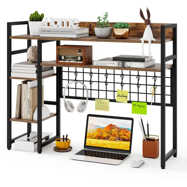 Costway Bureaurek, tafelrek met 4 planken en 6 haken, bureau opzet-rek voor monitoren, boekenkast voor werkblad, opbergorganizer, 94 x 25 x 74 cm (bruin)