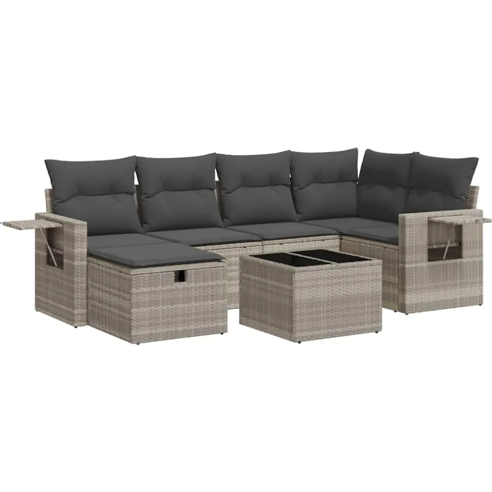 vidaXL 7-delige Loungeset met kussens poly rattan lichtgrijs grijs, foto 3
