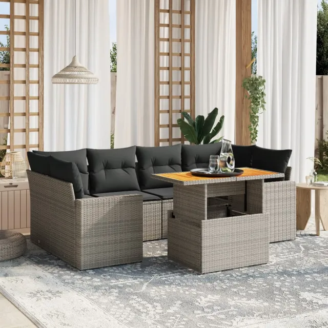vidaXL 7-delige Loungeset met kussens poly rattan grijs, foto 2