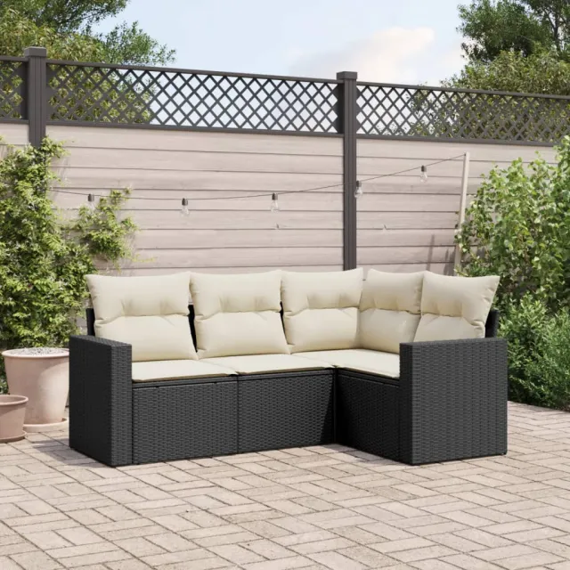 vidaXL 4-delige Loungeset met kussens poly rattan zwart, foto 2