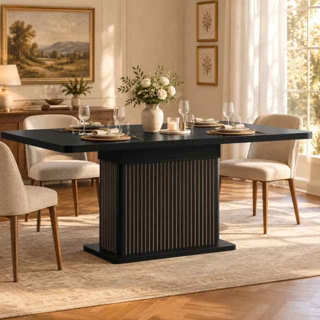 Wishdor Uitschuifbare eettafel - Verborgen opbergruimte met planken aan beide zijden - Mat zwart met verticale reliëfstrepen - Voor eetkamer en werkplek - MDF en metaal - 160 x 80 x 76 cm