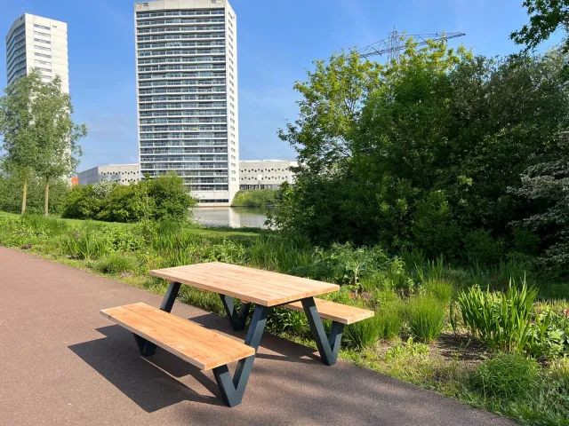 NordXL Douglashout Picknicktafel Wolf met industrieel W frame